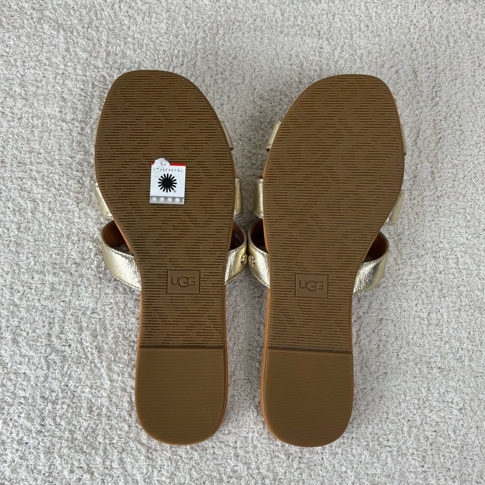 Ugg Sandals Womens 11 Gold Metallic Teague Slip On Slides Slippers Flats - Picture 10 of 15